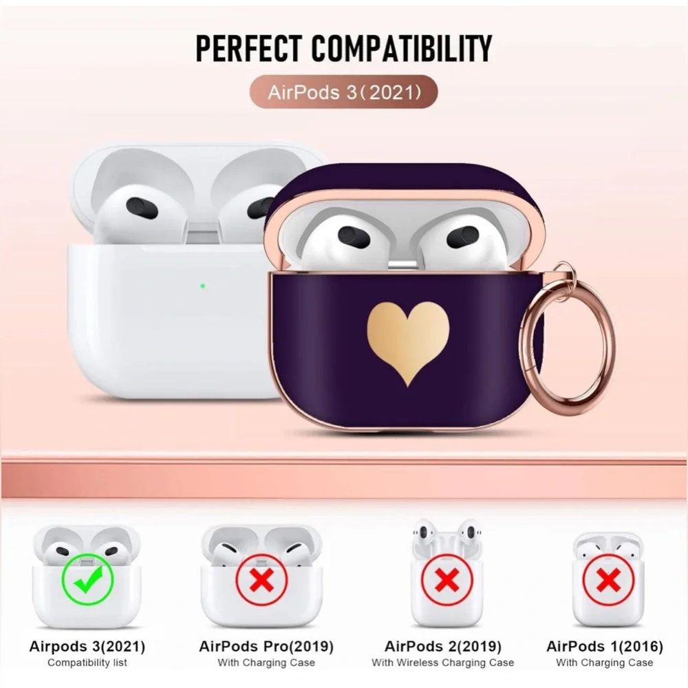Dark Purple with Gold Heart Pattern & Lanyard Shockproof Case for AirPods